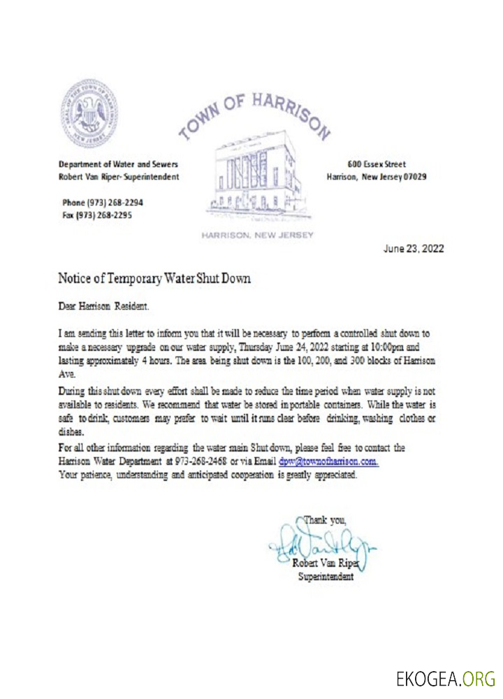 USA New Jersey Town of Harrison water shut off notice